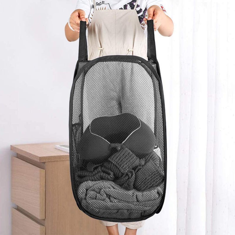 Buenod 2 Packs Mesh Pop up Laundry Hamper (Black/Navy Blue) with Portable Durable Handles, Collapsible for Storage, Folding Pop-Up Clothes Hampers for Apartment, Home, College Dorm or Travel - Image 5